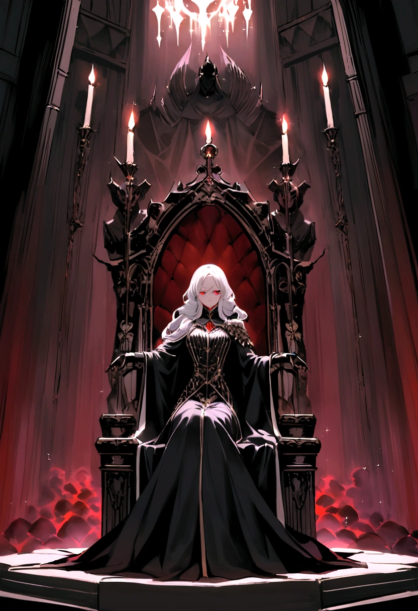 Lilith is sitting on her throne in the main hall of the palace, surrounded by an aura of mystery and supernatural power. Her snow-white hair falls in soft waves over her shoulders., contrasting dramatically with her perfectly immaculate skin. Your eyes are deep red like rubies, emitting a hypnotic glow that reveals his ancestry and his absolute dominance over all vampires.next to her, in guard position, There are two vampires with hair as black as night and eyes as red as burning embers.. They are dressed in black armor, adorned with silver details that sparkle in the light of the candles and torches around. Each possesses an intimidating presence and a watchful expression., ready to protect their sovereign at any cost.The palace hall is a dark stone Gothic fortress, with massive columns of black marble that seem to merge with the surrounding shadows. Tapestries adorn the walls, depicting scenes of war and victory that echo throughout the centuries of his vampiric reign. Torchlight creates a play of dancing shadows, enhancing the feeling of mystery and grandeur of the environment.Lilith reigns on her throne with a domineering presence and a silence that is more eloquent than words. His eyes sweep the hall with a gaze that reveals his immortal wisdom and a power that transcends the limits of mortality.. Every gesture is calculated and full of meaning, while your guards remain by your side, ready to defend their dark kingdom with unwavering loyalty.