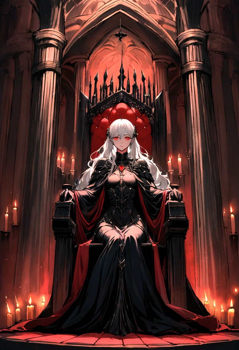 Lilith is sitting on her throne in the main hall of the palace, surrounded by an aura of mystery and supernatural power. Her snow-white hair falls in soft waves over her shoulders., contrasting dramatically with her perfectly immaculate skin. Your eyes are deep red like rubies, emitting a hypnotic glow that reveals his ancestry and his absolute dominance over all vampires.next to her, in guard position, There are two vampires with hair as black as night and eyes as red as burning embers.. They are dressed in black armor, adorned with silver details that sparkle in the light of the candles and torches around. Each possesses an intimidating presence and a watchful expression., ready to protect their sovereign at any cost.The palace hall is a dark stone Gothic fortress, with massive columns of black marble that seem to merge with the surrounding shadows. Tapestries adorn the walls, depicting scenes of war and victory that echo throughout the centuries of his vampiric reign. Torchlight creates a play of dancing shadows, enhancing the feeling of mystery and grandeur of the environment.Lilith reigns on her throne with a domineering presence and a silence that is more eloquent than words. His eyes sweep the hall with a gaze that reveals his immortal wisdom and a power that transcends the limits of mortality.. Every gesture is calculated and full of meaning, while your guards remain by your side, ready to defend their dark kingdom with unwavering loyalty.