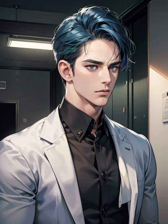 (best quality, masterpiece, 8K, photorealistic, cinematic lighting, hdr image, ultra detailed, beautiful image), 1 man, 31 years old, mature man, very handsome, (without expression, serious), short blue hair, green eyes ( penetrating gaze), imposing posture, businessman, office background