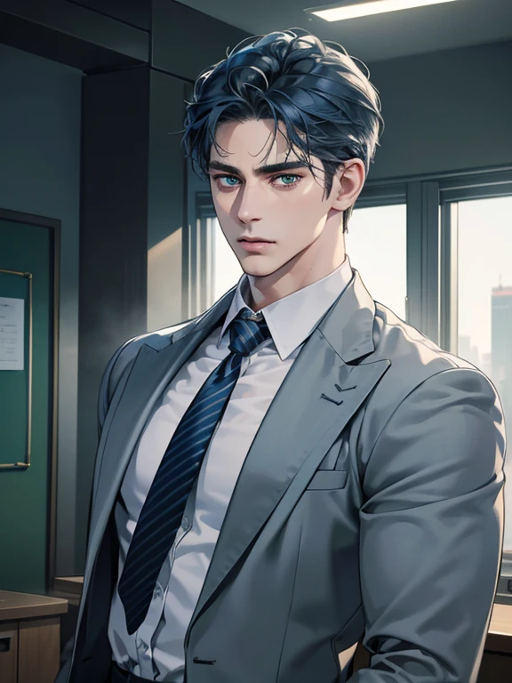 (best quality, masterpiece, 8K, photorealistic, cinematic lighting, hdr image, ultra detailed, beautiful image), 1 man, 31 years old, mature man, very handsome, (without expression, serious), short blue hair, green eyes ( penetrating gaze), imposing posture, businessman, office background