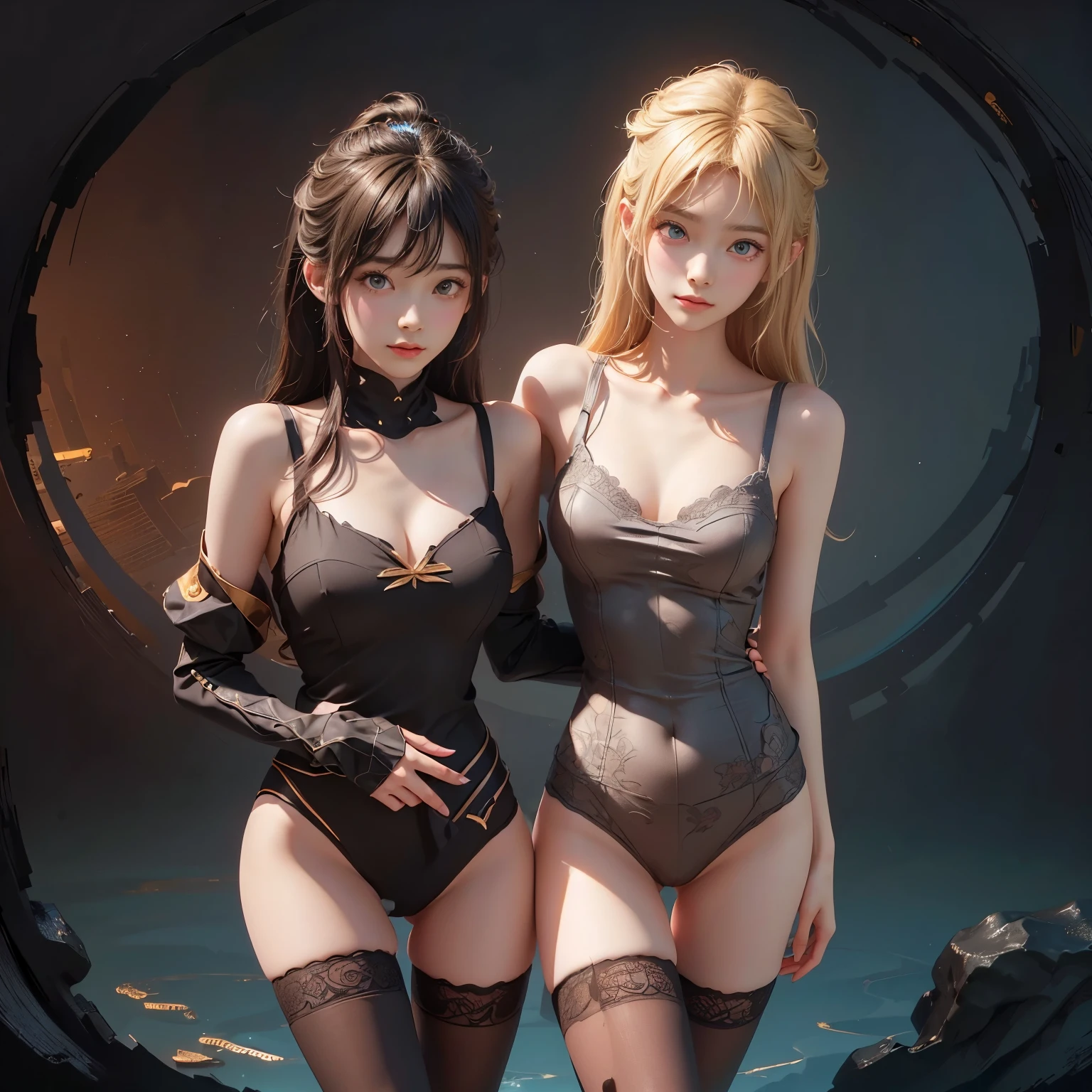 Polychrome,, night, dark, blonde, Show Viewer, In-person audience, Limited Edition Palette, Dragon Background, Shine,(Highly detailed CG Unity 8k wallpaper),(masterpiece), (Highest quality), (Vaporwave Style), (Super detailed), (Best illustrations),(Best Shadow),Perfect lighting , Perfect Anatomy , Vibrant colors、