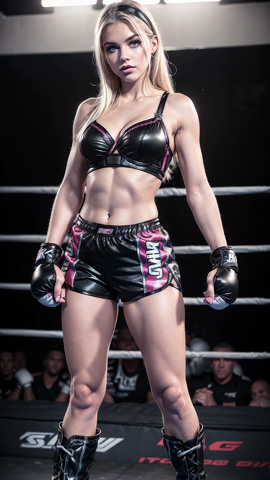 Beautiful cute young American barbie, 18 years old, young cute sexy bimbo face, ((black boxing shorts:1.5)), ((sexy black boxing shorts:1.3)), ((tiny bra:1.3)), ((black boxing boots:1.3)), blue eyes, straight blonde hair, muscular arms, toned body, boxing gloves, (lipstick, heavy makeup:1.3), ((black boxing shorts:1.3)), barbie, slutty makeup, perky breasts, small firm breasts, intimidating pose in a boxing ring, ((full body portrait:1.3)),