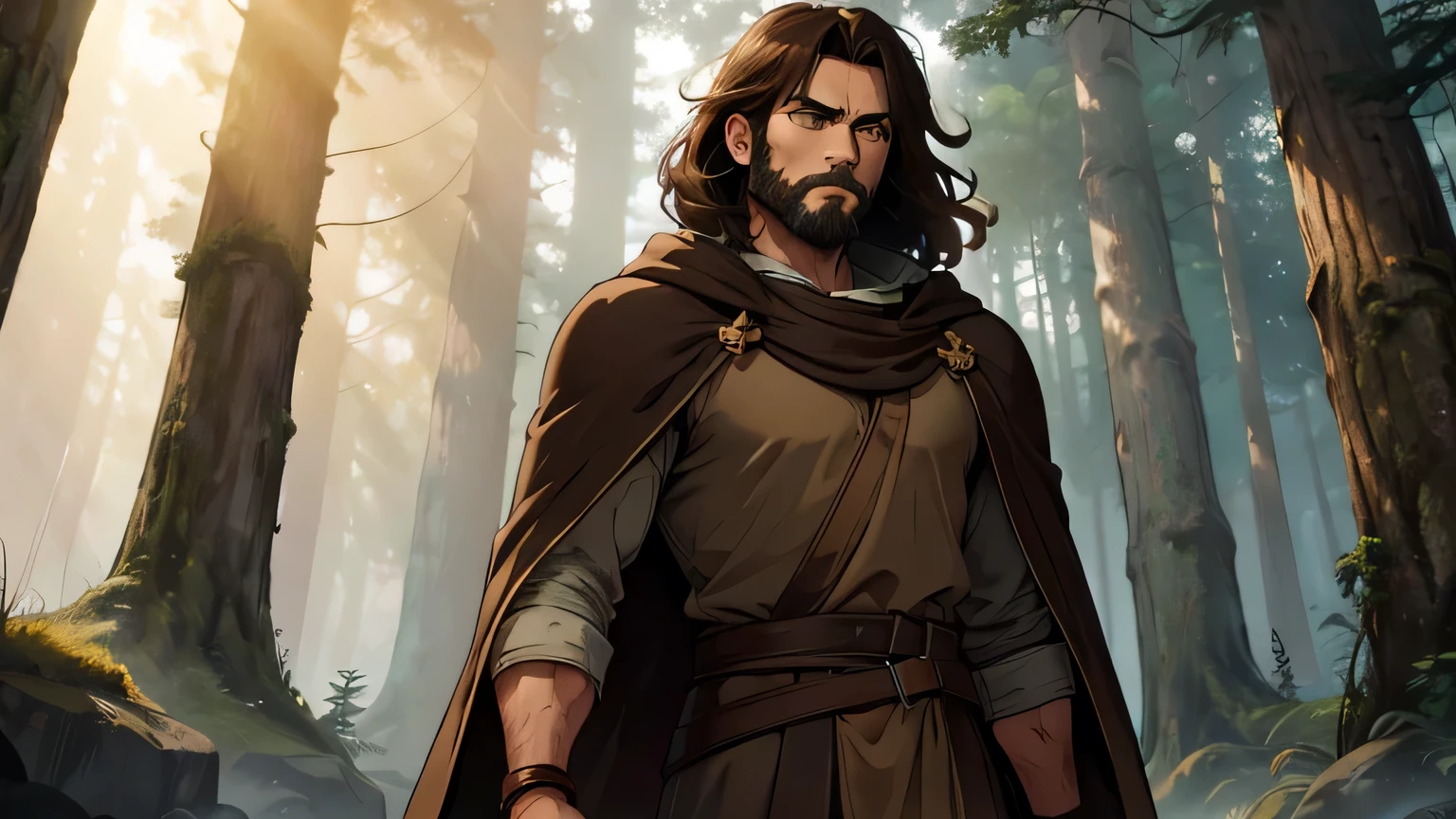 Worried-faced man with dark brown beard, long dark brown hair, light yellow-brown eyes and dark brown and light brown tunic from the 4th century BC. C., wearing a light brown cloak, about 50 years old, holding a staff, walking in a dark and mysterious forest at night, lost in the forest, changing lighting, hyper-realistic, cinematic lighting,
