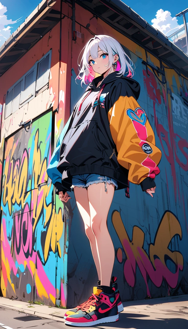 HD 8k Handsome sexycute, Solitary, 1 female, Medium Length Hair, white hair, Rainbow hair, blue Eyes, Rainbow headphone, hoodie, colored hoodie, black Trucker Hat, hip-hop style big hooded jacket denim shorts, sneakers, Human focus, outdoor, blue sky, White clouds, graffiti Popularity spray art wall,