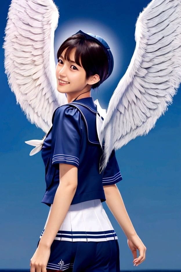 (Realistic:1.2),Running girl, (Look Up:1.2), (Angel wings from my back:1.5), (Highest quality:1.4), (Very detailed), (Very detailed美しい顔), smile, (Realistic Skin:1.4), Great face and eyes, iris, Medium Hair, Black Hair, Symmetrical eyes, The background is blue sky, (Short-sleeved sailor suit:1.3), (Side angle:1.3), Smooth, Very detailed CG synthesis 8k wallpaper, High-resolution RAW color photos, Professional photography, Light, BackLight, dream-like, impressive, Written boundary depth