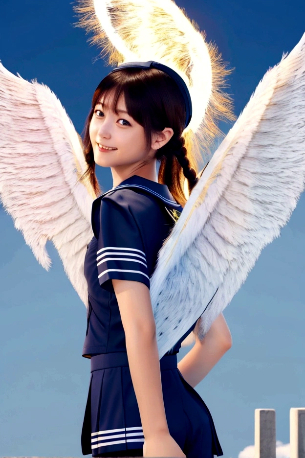 (Realistic:1.2),Running girl, (Look Up:1.2), (Angel wings from my back:1.5), (Highest quality:1.4), (Very detailed), (Very detailed美しい顔), smile, (Realistic Skin:1.4), Great face and eyes, iris, Medium Hair, Black Hair, Symmetrical eyes, The background is blue sky, (Short-sleeved sailor suit:1.3), (Side angle:1.3), Smooth, Very detailed CG synthesis 8k wallpaper, High-resolution RAW color photos, Professional photography, Light, BackLight, dream-like, impressive, Written boundary depth