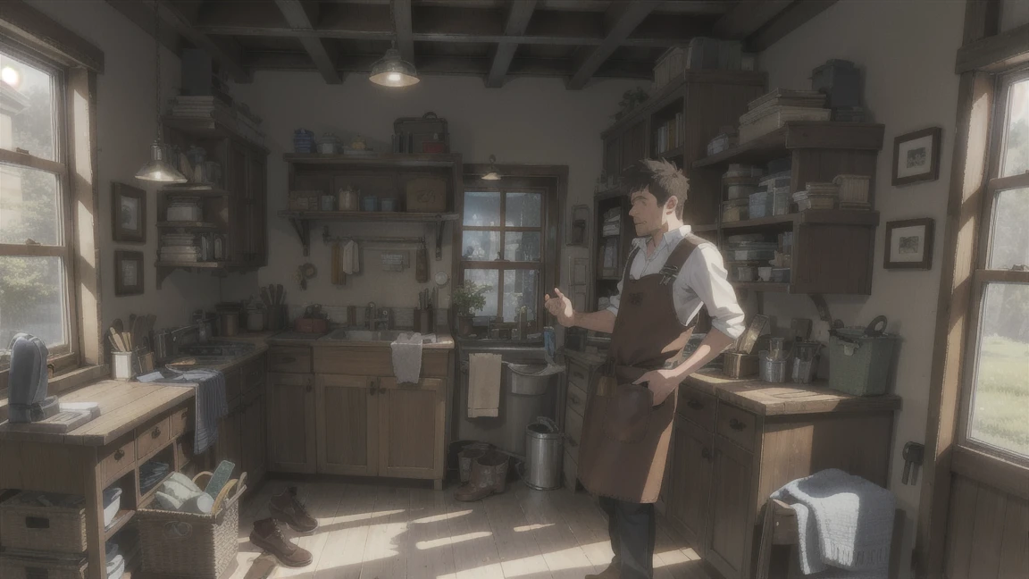 Sam is a 25-year-old shoemaker standing in his small, cozy shop. He has a friendly and warm expression on his face, with short, dark hair neatly combed to the side and a slight stubble on his face. Sam is of average height with a lean build, wearing a simple white shirt with the sleeves rolled up to his elbows, brown suspenders, and dark trousers. His shirt is slightly dusted with leather shavings. Around his waist, he wears a well-worn leather apron with various tools tucked into the pockets.The shop is filled with shelves lined with shoes of all kinds, from elegant high heels to sturdy work boots. There is a wooden workbench cluttered with tools, shoe parts, and a small cup of tea steaming next to a pair of boots he is currently repairing. The floor is wooden, and a small window lets in the afternoon light, illuminating the room with a warm, inviting glow. Behind Sam, hanging on the wall, are more tools and a few old, framed photos of the shop's history.Sam’s eyes reflect kindness and determination, showcasing his dedication to his craft and his compassionate nature.