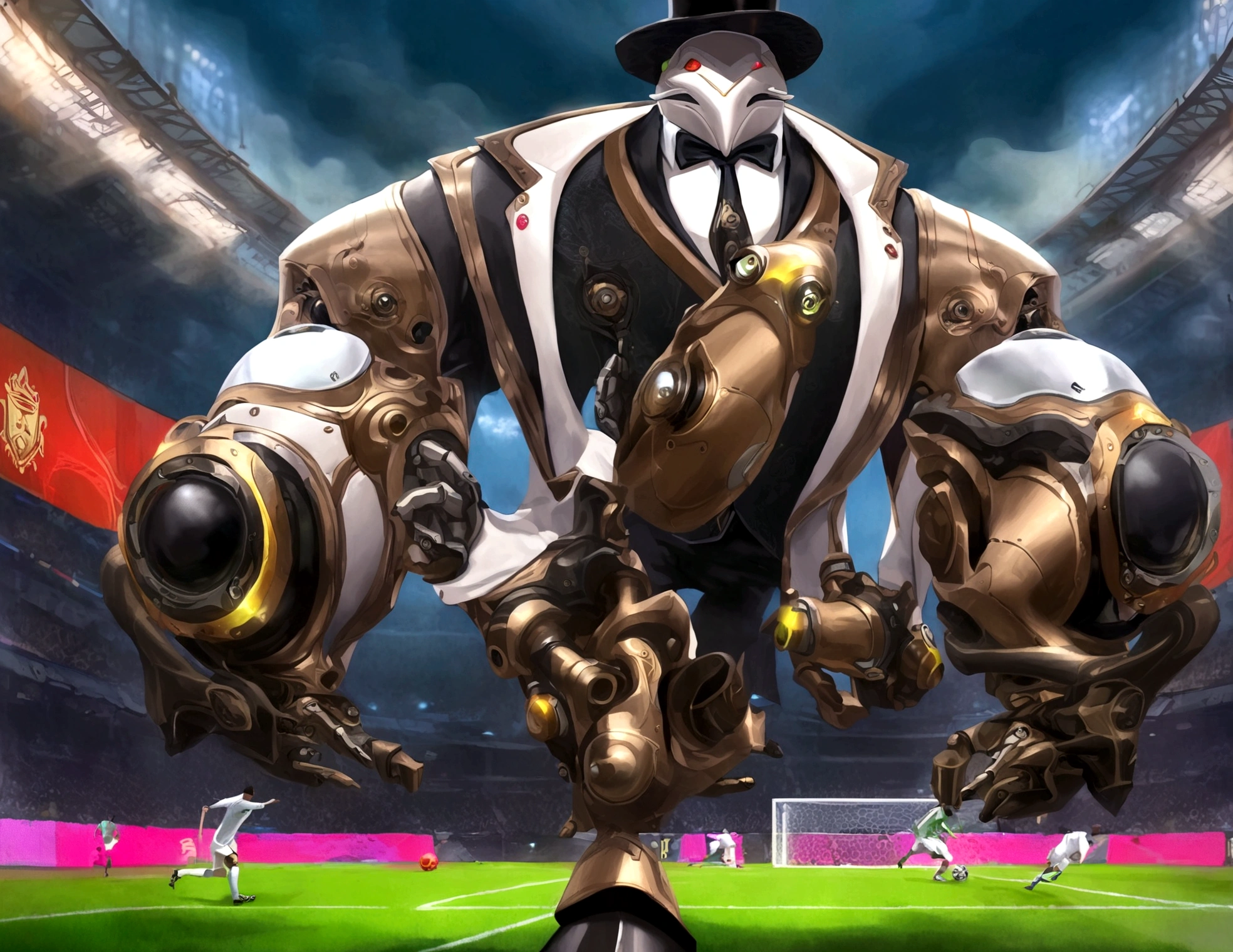 Android soccer, steam punk, (dapper tuxedo themed androids, obviously mechanical, steam vents, lit eyes) play soccer in a well lit packed stadium, teams have different color schemes