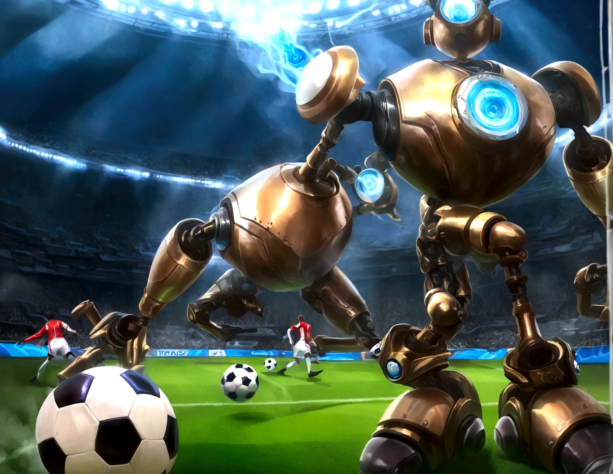 Android soccer, steam punk, (dapper tuxedo themed androids, obviously mechanical, steam vents, lit eyes) play soccer in a well lit packed stadium, teams have different color schemes