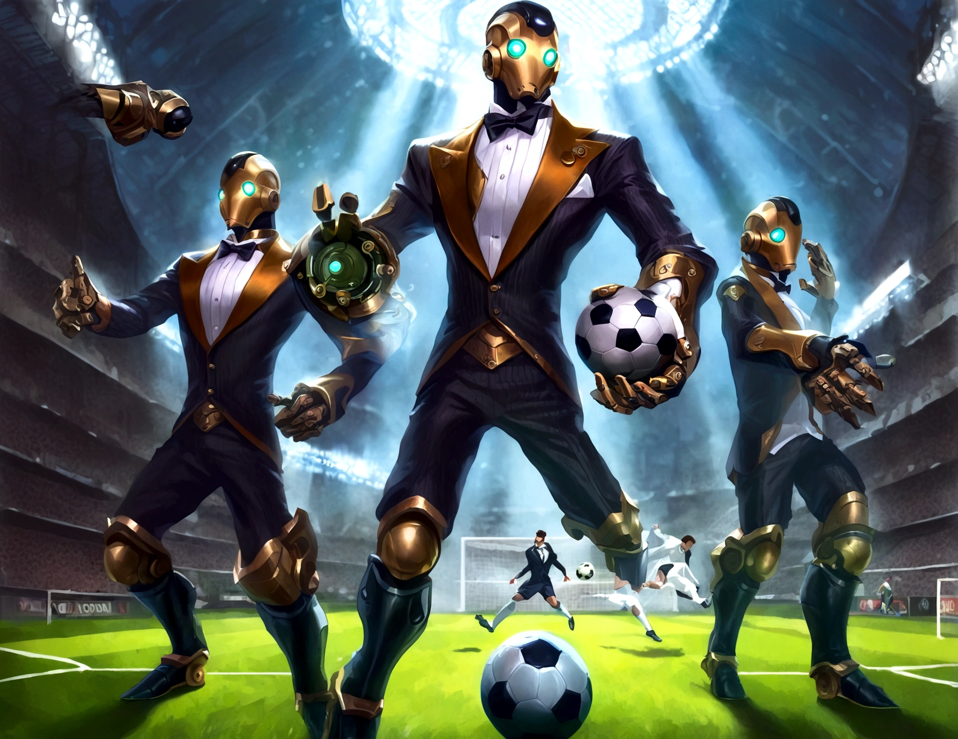 Android soccer, steam punk, (dapper tuxedo themed androids, obviously mechanical, steam vents, lit eyes) play soccer in a well lit packed stadium, teams have different color schemes