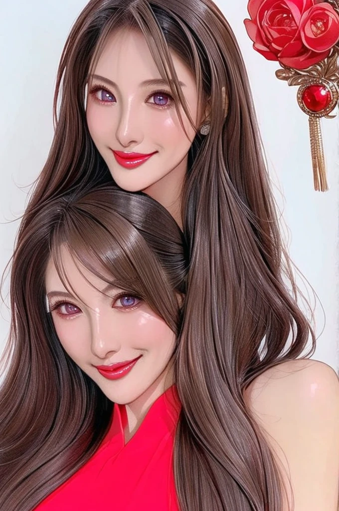 (super fine illustration) Amazing eyes、Perfect Lips、And a beautiful girl with a captivating smile、upper body Detailed and realistic portrait、Super detailed、16K、masterpiece、high quality、Negative Space、blush、eye shadow、Perfect Skin、Refined facial features、Elegant look、Smiling Lips、Dark Eyes Chinese Model、Silky super straight long hair、Photorealistic Eyeline、Clear Eyes、White background only、Sexy adult look、red dress with open neck