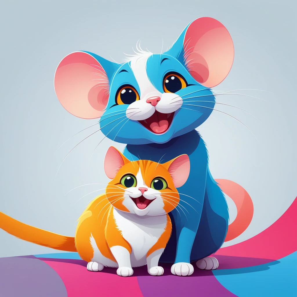 1 mouse and 1 cat, vector art, funny, smiling, looking at camera, colorful, vibrant, happy, playful, cartoon style, digital illustration, minimal style, simple shapes, bright colors, whimsical, cute, dynamic composition, high contrast, clean lines, bold colors, expressive, charming, lighthearted, joyful, whimsical, adorable, playful characters, positive mood, fun, (best quality,4k,8k,highres,masterpiece:1.2),ultra-detailed,(realistic,photorealistic,photo-realistic:1.37),digital painting