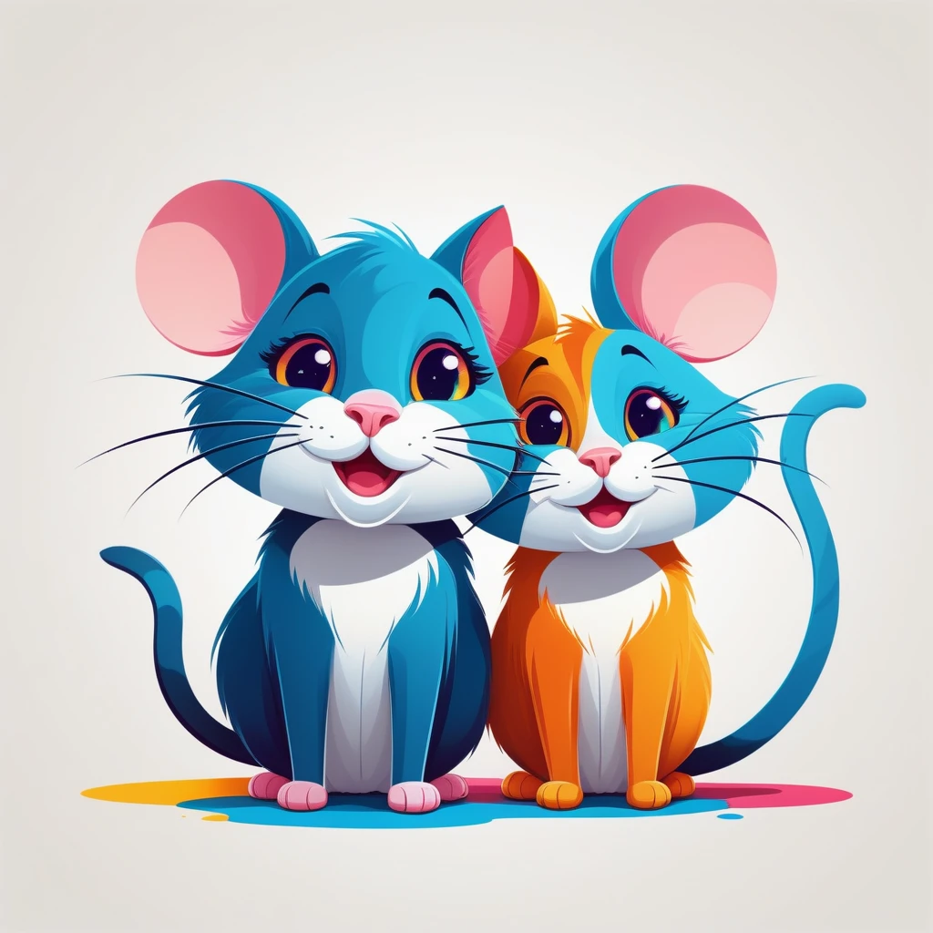 1 mouse and 1 cat, vector art, funny, smiling, looking at camera, colorful, vibrant, happy, playful, cartoon style, digital illustration, minimal style, simple shapes, bright colors, whimsical, cute, dynamic composition, high contrast, clean lines, bold colors, expressive, charming, lighthearted, joyful, whimsical, adorable, playful characters, positive mood, fun, (best quality,4k,8k,highres,masterpiece:1.2),ultra-detailed,(realistic,photorealistic,photo-realistic:1.37),digital painting