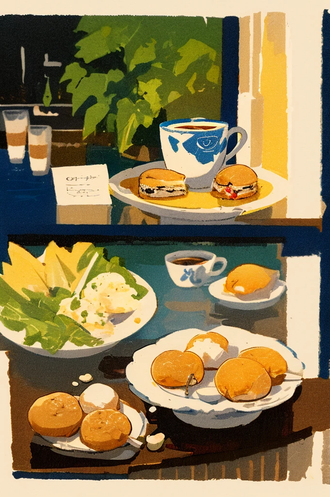 oil painting, Food Photography, coffee cup, buns, soft light, Volumetric light, Light around the wheel rim