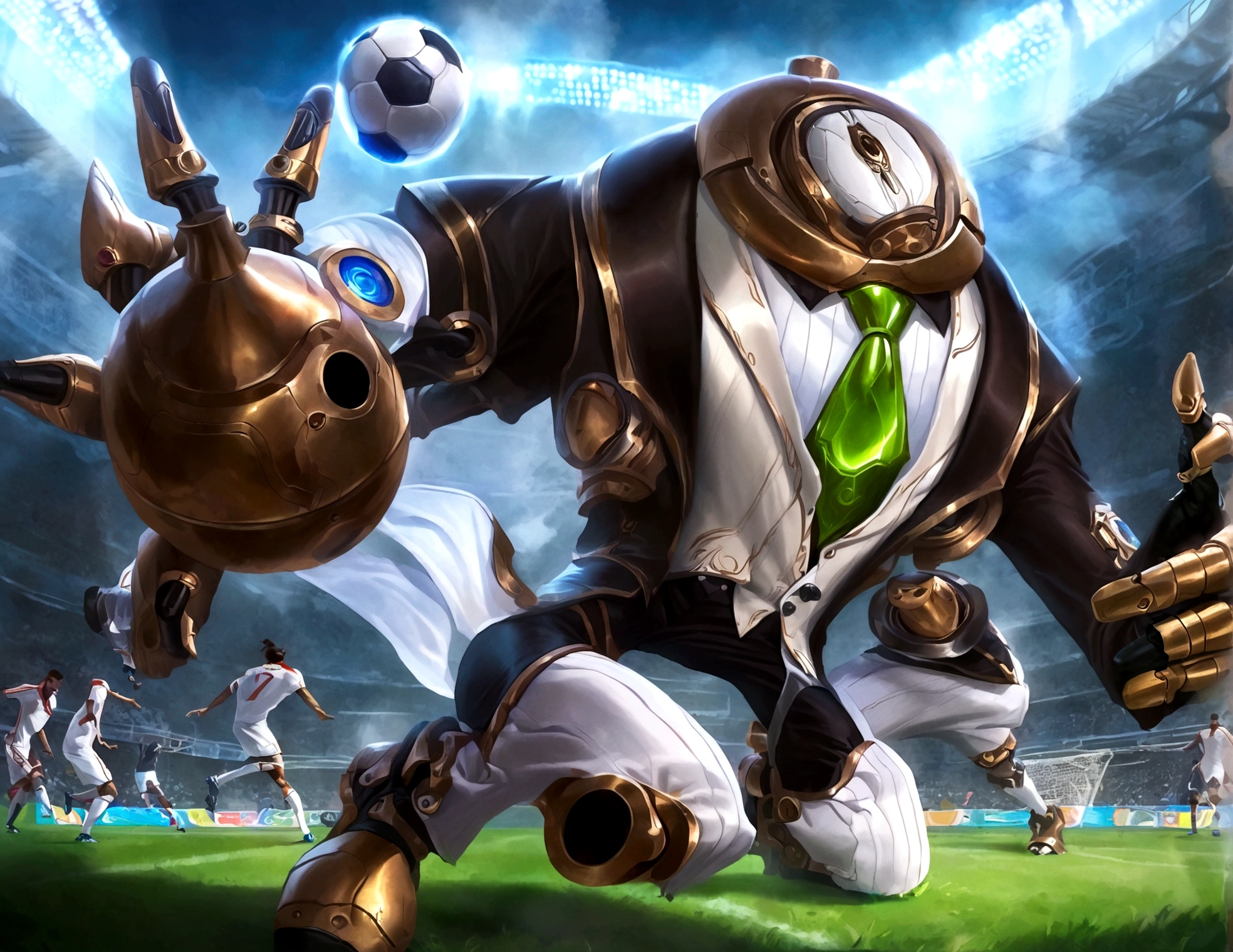Android soccer, steam punk, (dapper tuxedo themed androids, obviously mechanical, steam vents, lit eyes) play soccer in a well lit packed stadium, teams have different color schemes