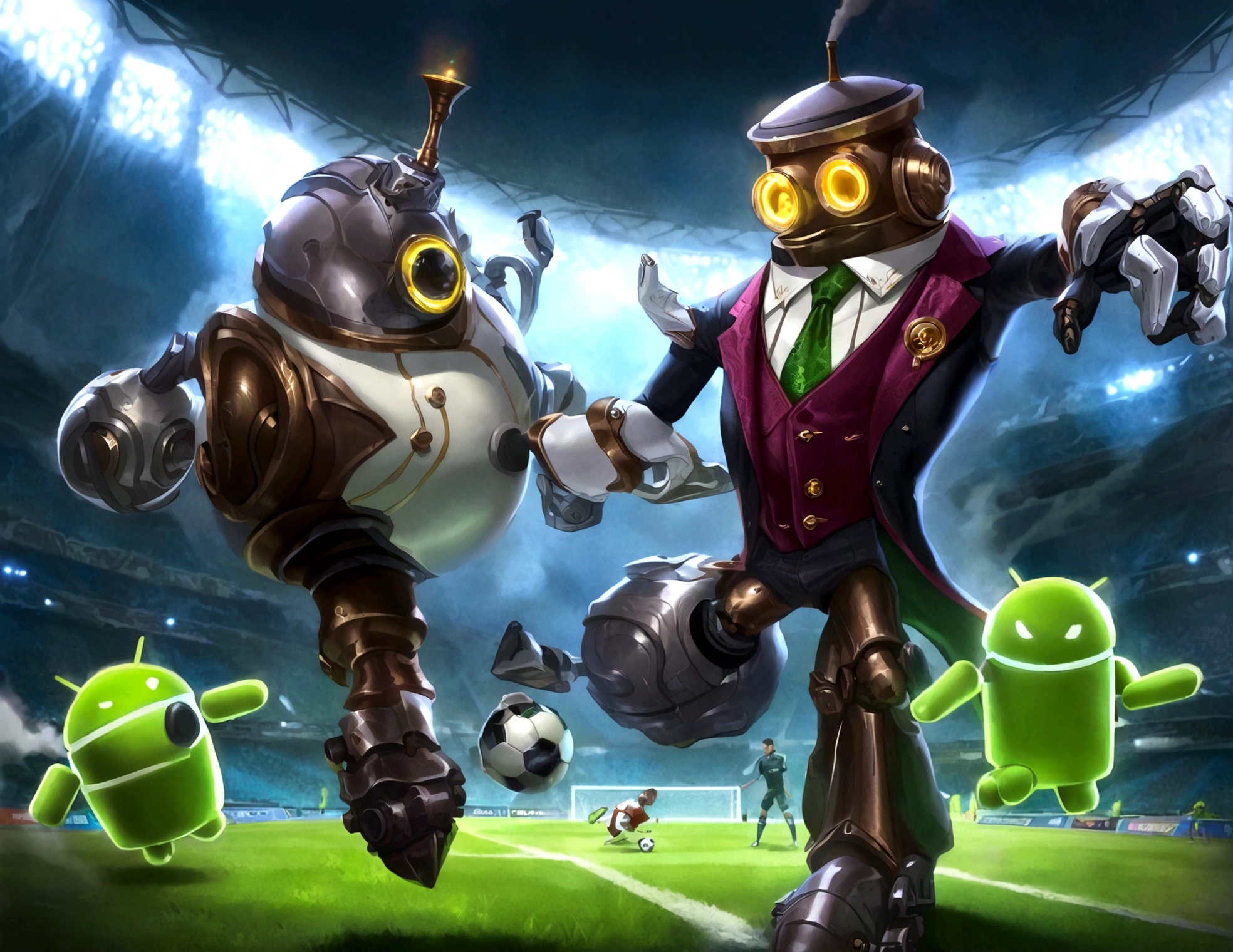 Android soccer, steam punk, (dapper tuxedo themed androids, obviously mechanical, steam vents, lit eyes) play soccer in a well lit packed stadium, teams have different color schemes