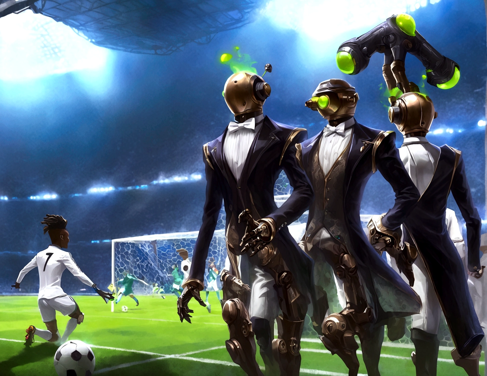 Android soccer, steam punk, (dapper tuxedo themed androids, obviously mechanical, steam vents, lit eyes) play soccer in a well lit packed stadium, teams have different color schemes
