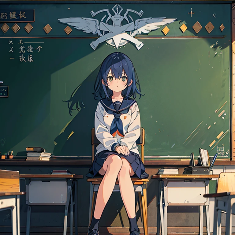 A girl with navy blue hair wearing a sits on a chair. sit in front of a big blackboard. Classroom at Dusk.front.frontをまっすぐ向く.The sunlight reflects off the whole thing, giving it an orange color..