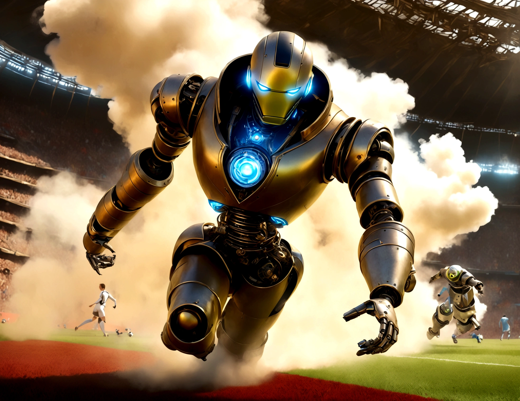 Android soccer, steam punk, (dapper tuxedo themed androids, obviously mechanical, steam vents, lit eyes) play soccer in a well lit packed stadium, teams have different color schemes