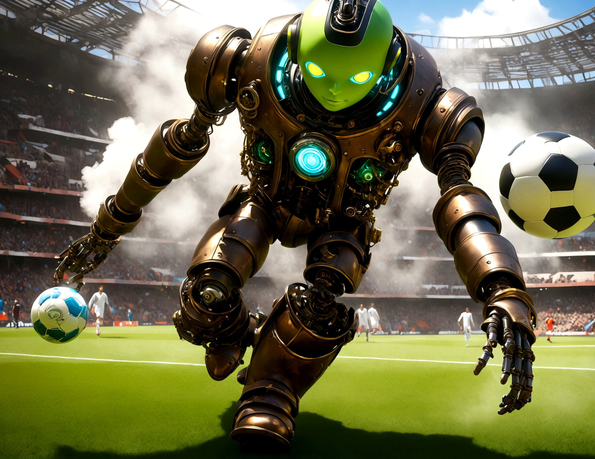 Android soccer, steam punk, (dapper tuxedo themed androids, obviously mechanical, steam vents, lit eyes) play soccer in a well lit packed stadium, teams have different color schemes
