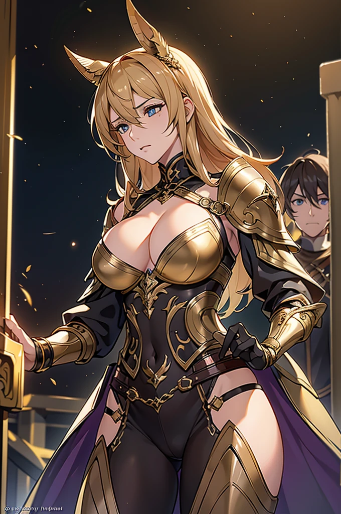 best quality, official art, masterpiece, textile shading, HDR, very detailed, colorful, best details, fantasy, gold & black battle armor, wearing gold battle helmet, 1 human female, 25 years old, 3 boys bandits, Multiple horny bandits, Anxious and frightened expression, standing on stairs, Inside the cave, Dim brightness, choppy hair, big breast, skinny, Surrounded by a horde of bandits:1.9、Bandits in heat, Feeling like about to be attacked, mysterious atmosphere、cameltoe:1.3, looking back, ground level shot:1.9, fighting stance,