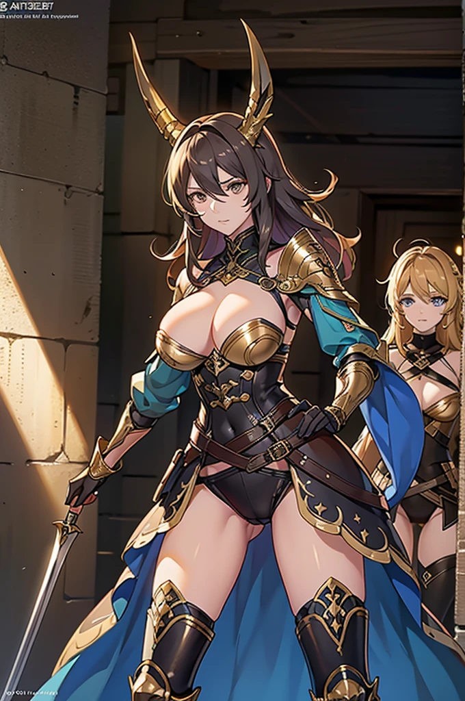 best quality, official art, masterpiece, textile shading, HDR, very detailed, colorful, best details, fantasy, gold & black battle armor, wearing gold battle helmet, 1 human female, 25 years old, 3 boys bandits, Multiple horny bandits, Anxious and frightened expression, standing on stairs, Inside the cave, Dim brightness, choppy hair, big breast, skinny, Surrounded by a horde of bandits:1.9、Bandits in heat, Feeling like about to be attacked, mysterious atmosphere、cameltoe:1.3, looking back, ground level shot:1.9, fighting stance,