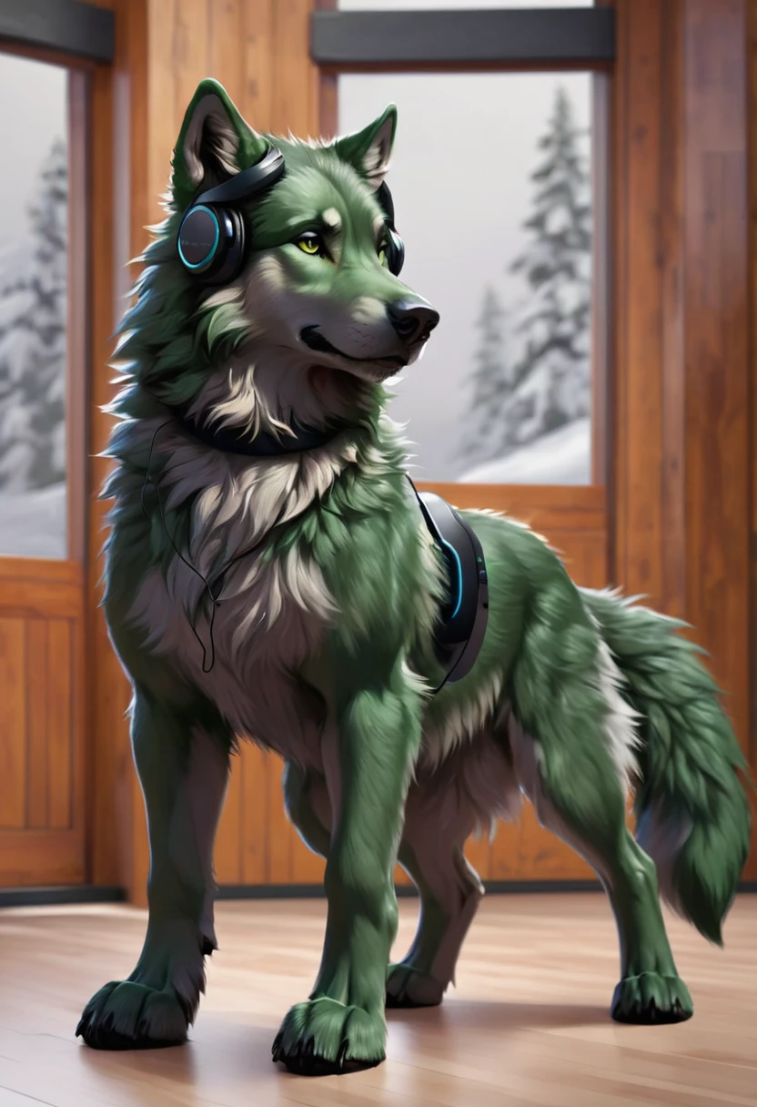 masterpiece, Highest quality, male, Wolf-like dog, Dark green fur, Strong Body, Gentle expression, Bushy tail, Quadrupedal, He is wearing black cordless headphones around his neck,