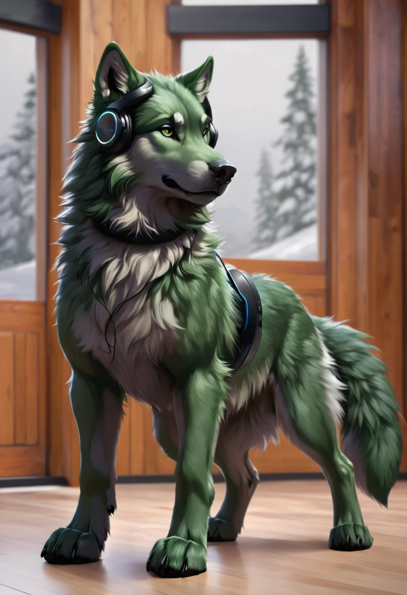 masterpiece, Highest quality, male, Wolf-like dog, Dark green fur, Strong Body, Gentle expression, Bushy tail, Quadrupedal, He is wearing black cordless headphones around his neck,