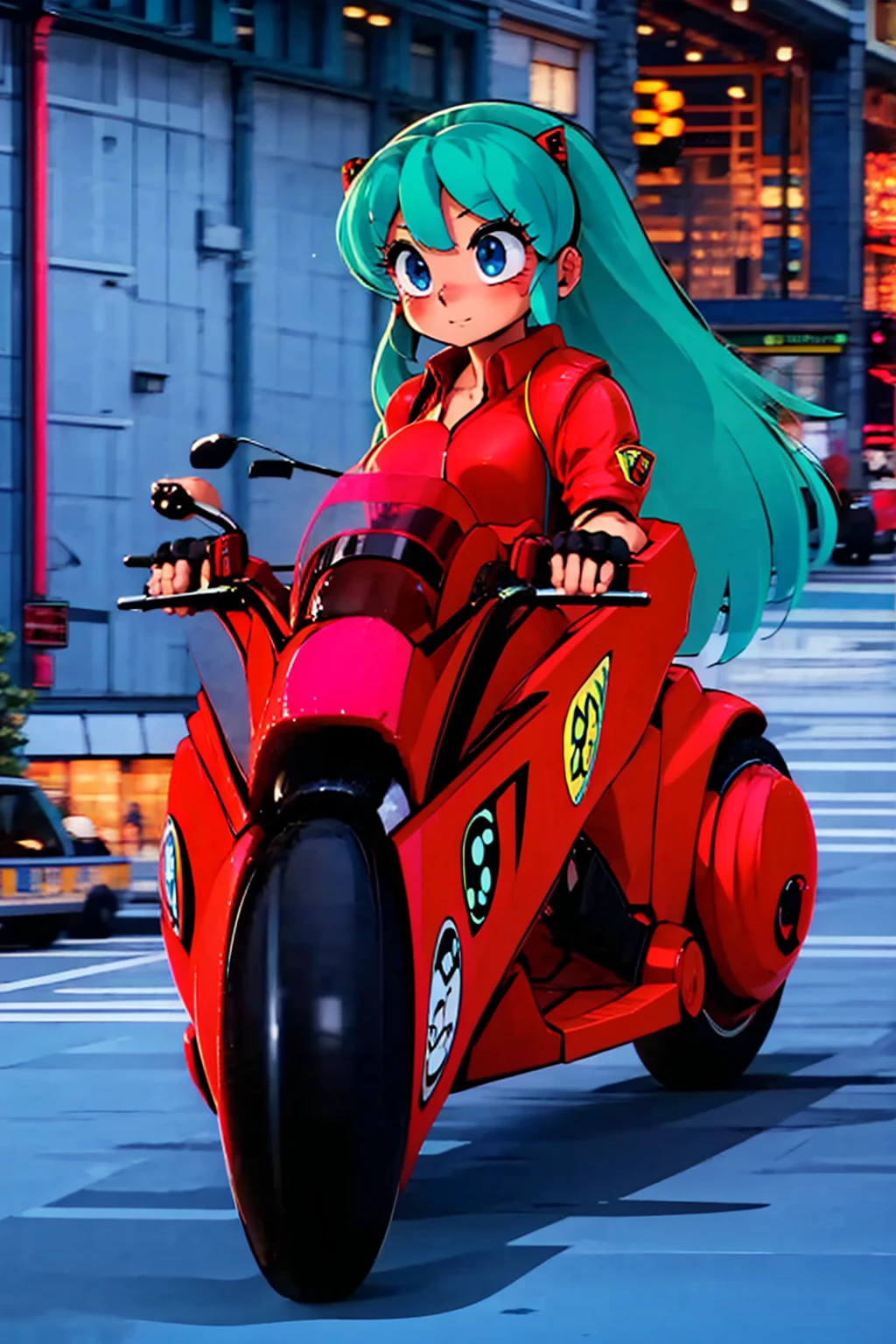 (score_9, score_8_up, score_7_up), lum, solo, long hair, bangs, blue hair, blue eyes, aqua hair, horns, eyeshadow, large breasts, looking at viewer, blush, (masterpiece), perfect sexy female body, (sexy and seductive pose:1.3), street, mountain, EPsoaSinon, short hair, aqua hair, aqua eyes, hair between eyes, (hair ornament:1.2), hairclip, sidelocks, small breasts, riding, business suit, black pants, white collared shirt, kanedabike,bigscooter,