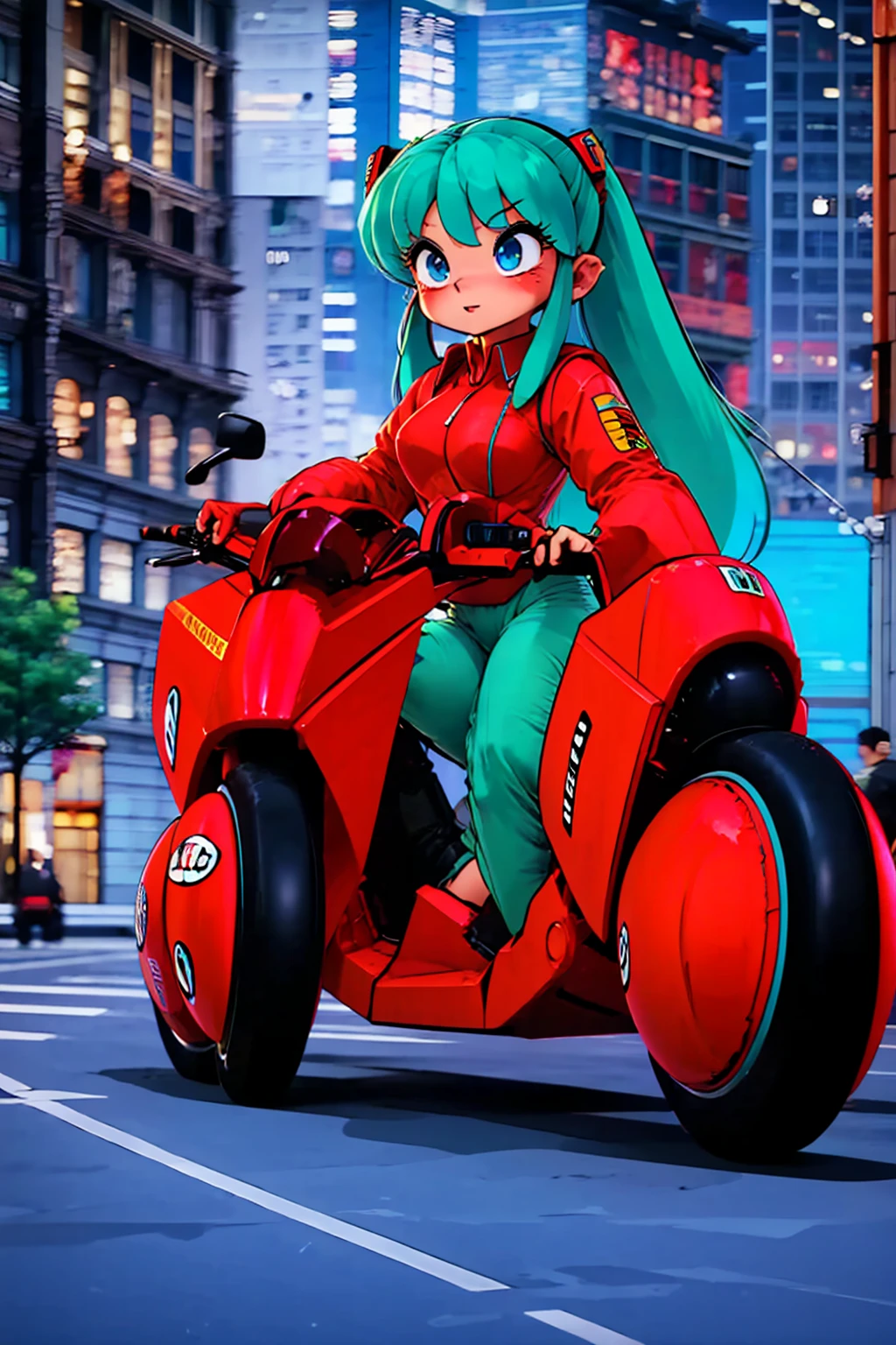 (score_9, score_8_up, score_7_up), lum, solo, long hair, bangs, blue hair, blue eyes, aqua hair, horns, eyeshadow, large breasts, looking at viewer, blush, (masterpiece), perfect sexy female body, (sexy and seductive pose:1.3), street, mountain, EPsoaSinon, short hair, aqua hair, aqua eyes, hair between eyes, (hair ornament:1.2), hairclip, sidelocks, small breasts, riding, business suit, black pants, white collared shirt, kanedabike,bigscooter,