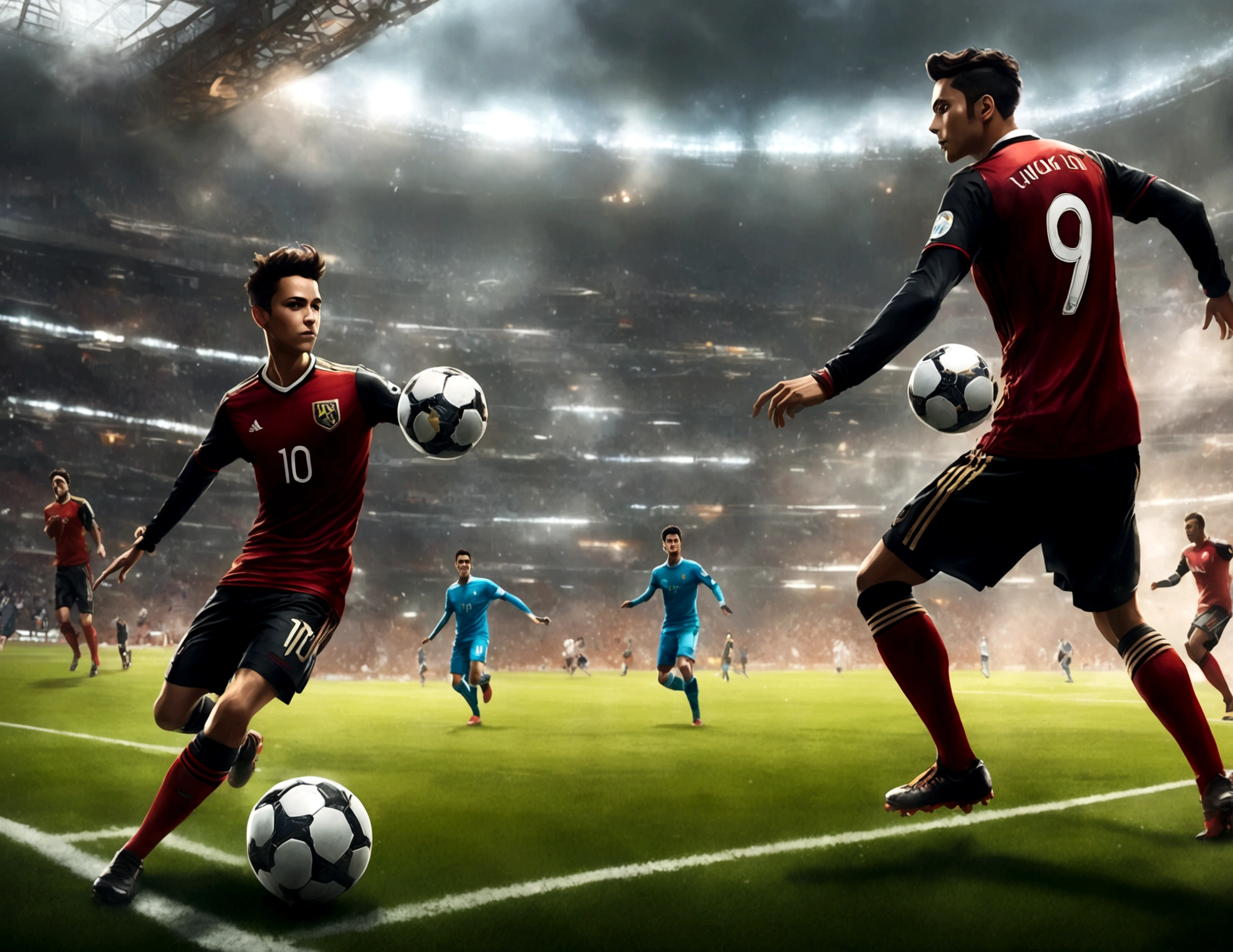 Android soccer, steam punk, (dapper tuxedo themed androids, obviously mechanical, steam vents, lit eyes) play soccer in a well lit packed stadium, teams have different color schemes