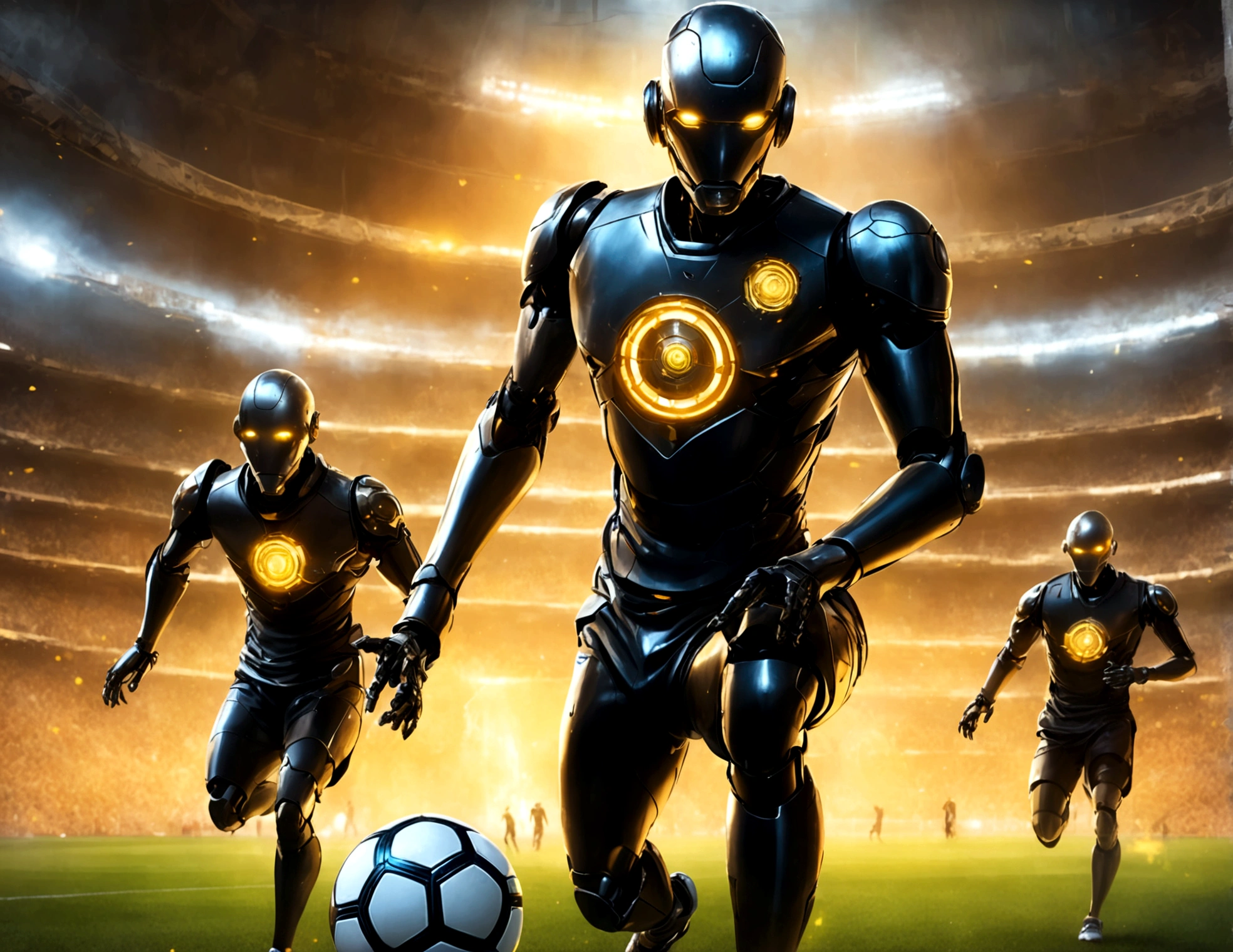 Android soccer, steam punk, (dapper tuxedo themed androids, obviously mechanical, steam vents, lit eyes) play soccer in a well lit packed stadium, teams have different color schemes