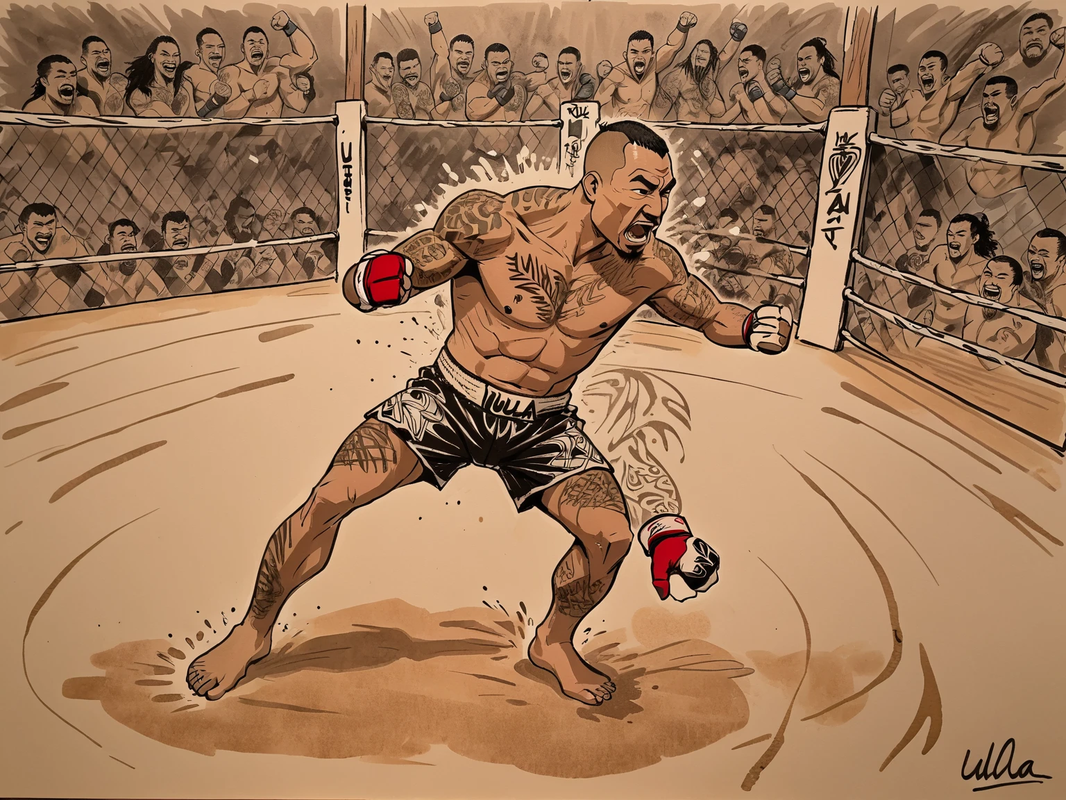 Max Blessed Holloway, ink and pen illustration, hand drawn splash panel, portrait, cel shading, strength, "I hope you guys are cheering for something", Puʻuwai, craftsmanship nuance, battle tested, heart of a fighter, cage fighting champion, Ula'ula, kumu, malama, pomaika 'i,

