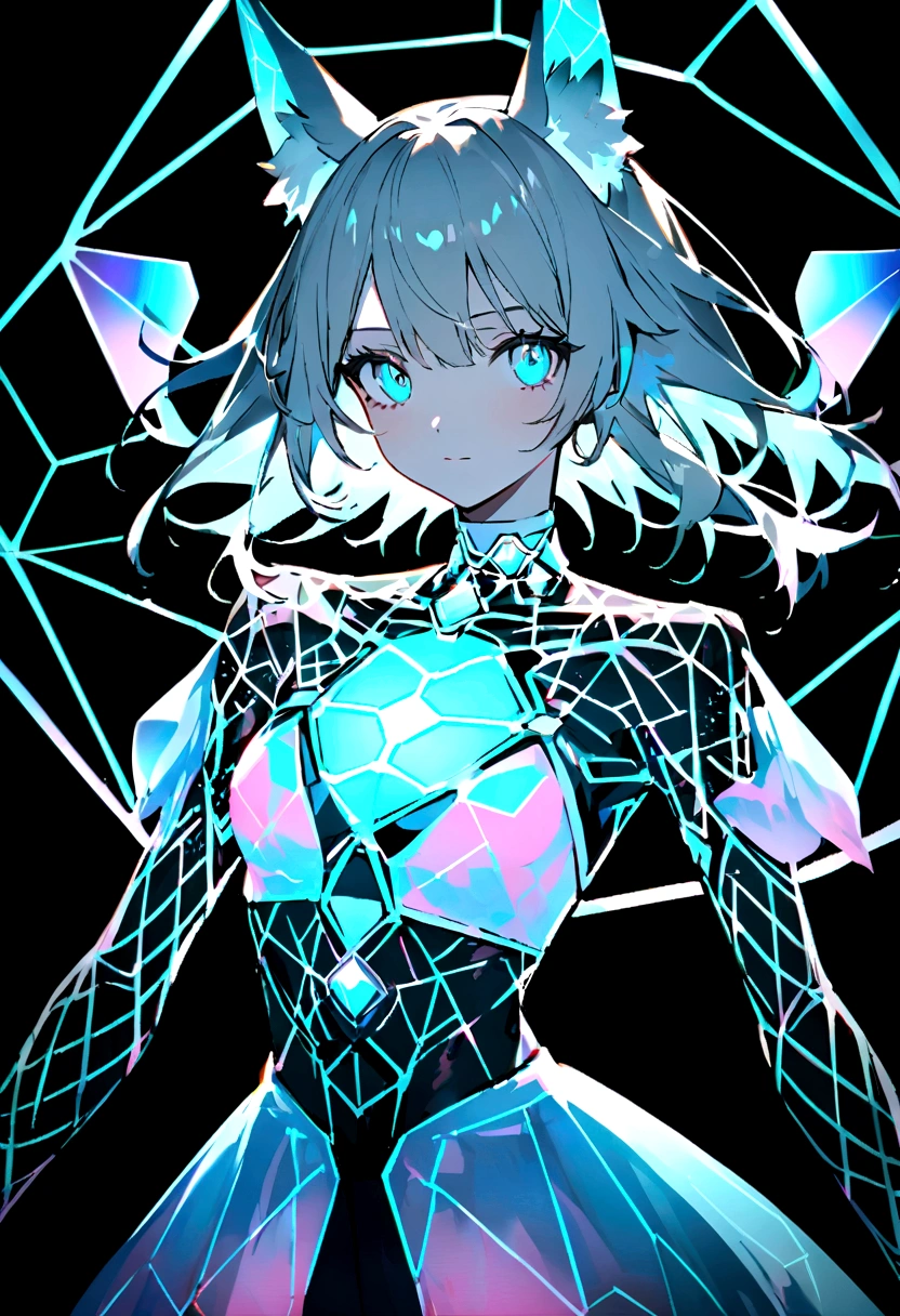 virtual glowing translucent holographic wireframe of a web of polygons making up a catgirl, black background