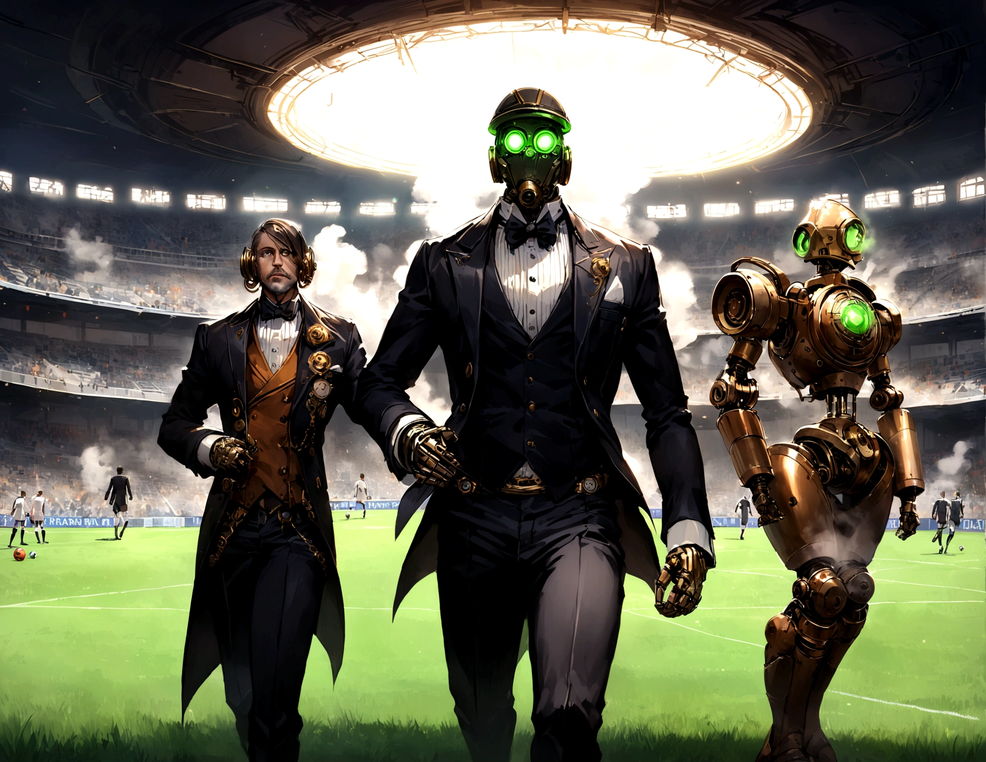 Android soccer, steam punk, (dapper tuxedo themed androids, obviously mechanical, steam vents, lit eyes) play soccer in a well lit packed stadium, teams have different color schemes