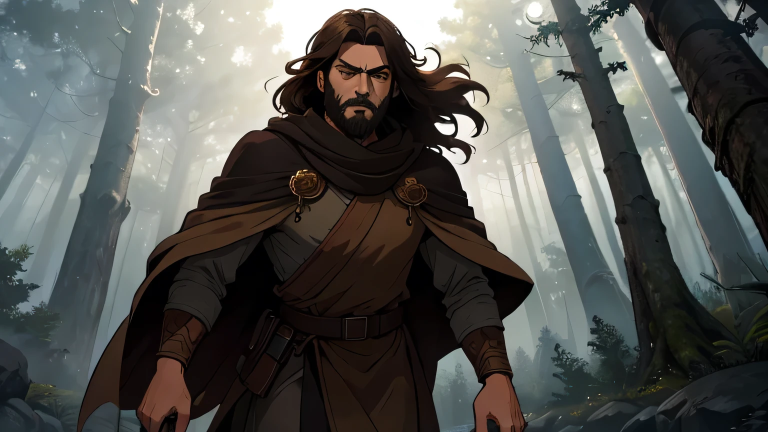 Worried-faced man with dark brown beard, long dark brown hair, light yellow-brown eyes and dark brown and light brown tunic from the 4th century BC. C., wearing a light brown cloak, about 50 years old, holding a staff, walking in a dark and mysterious forest at night, running in the forest, changing lighting, hyper-realistic, cinematic lighting,