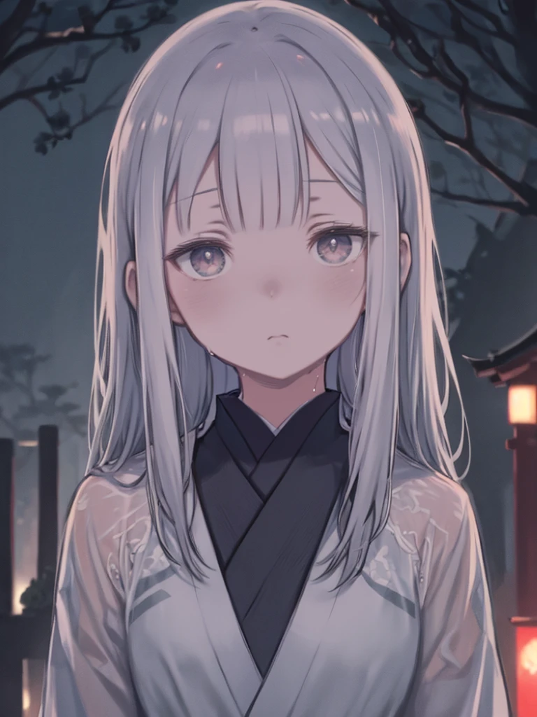 One Woman、Horror、White kimono、See-through clothing、(Wet body、Wet Hair)、Long Bangs、Eyes are hidden by hair、well、Willow Tree、Japanese Cemetery、night、Resentful look、Expressionless、△ Mouth、Glare、White skin、