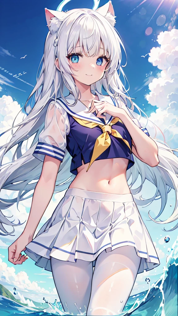 Sailor Suit，Navel，girl，White pantyhose，White hair，Long hair，Cat ear，Heterochromia blue-yellow，Smile，Female face，There are bright spots in the eyes，White little hands，Normal fingers，flat chest，Standing on the sea，Blue ring halo，White skirt，Blue tie