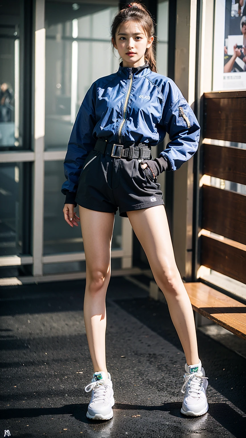 (8K、RAW Photos、Highest quality、masterpiece:1.2)、(Realistic、Realistic)、1 Girl、((Shorts、ponytail、Gloves、Jacket、Sportswear、garden、View from the front、Looking into the camera、sneakers、belt、Stand with hands on hips))、cute