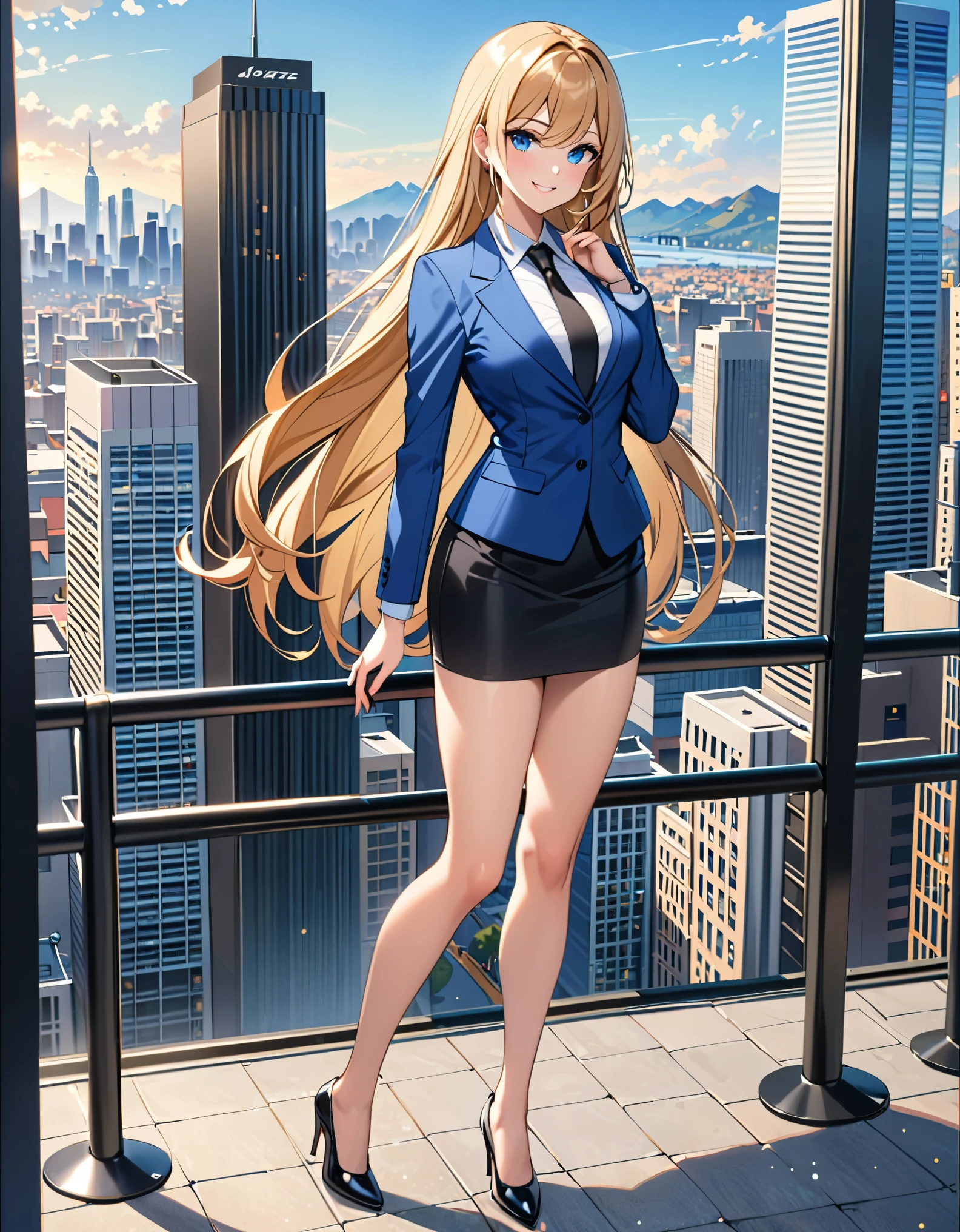 (masterpiece), best quality, highres, 1girl, solo, blue suit and black tie, black pencil skirt, miniskirt, bare legs, matching black shoes, looking at viewer, city backdrop, perfect hands, perfect eyes, perfect legs, perfect arms, perfect fingers, medium breasts, standing, blonde hair, long hair, blue eyes, standing, perfect hands, complete fingers, perfect anatomy, perfect proportions, smile, flirty, full body with costume, :d