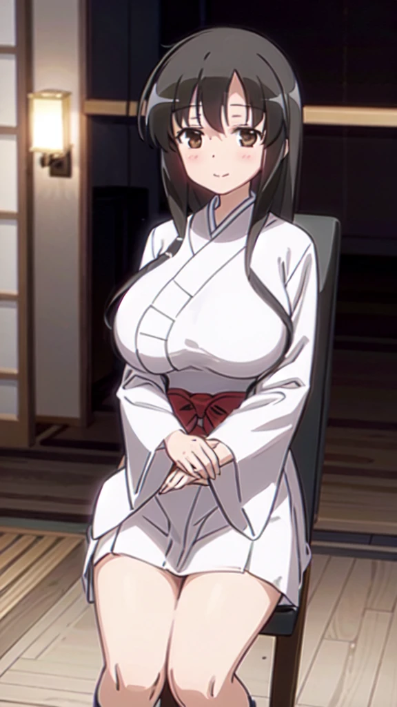 Girl in Priestess Uniform, Outfit with open chest, Shoulder-exposing sleeves, Short hakama, Kasumi Iwato, smile, looking at viewer, (Huge Breasts), (服を脱いでいる), (こちらに胸を見せる), Inside Japan house, Close-up from the waist up,