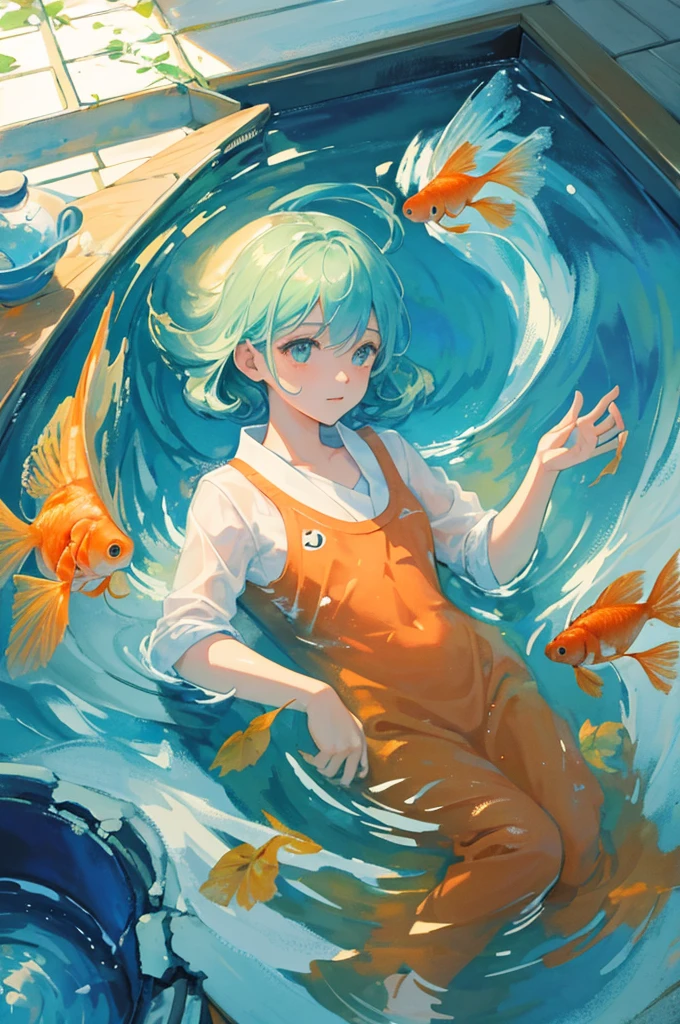 A watercolor-style image viewed from directly above of a fishbowl with up to five goldfish swimming, where 70% are regular goldfish and 30% are telescope eye goldfish. The water surface has two large ripples, and there are floating green autumn leaves. The scene is Japanese-style with pastel colors and high saturation, evoking a refreshing summer feeling. The goldfish are in silhouette form without detailed features, and the lines are drawn in an ink-like style.