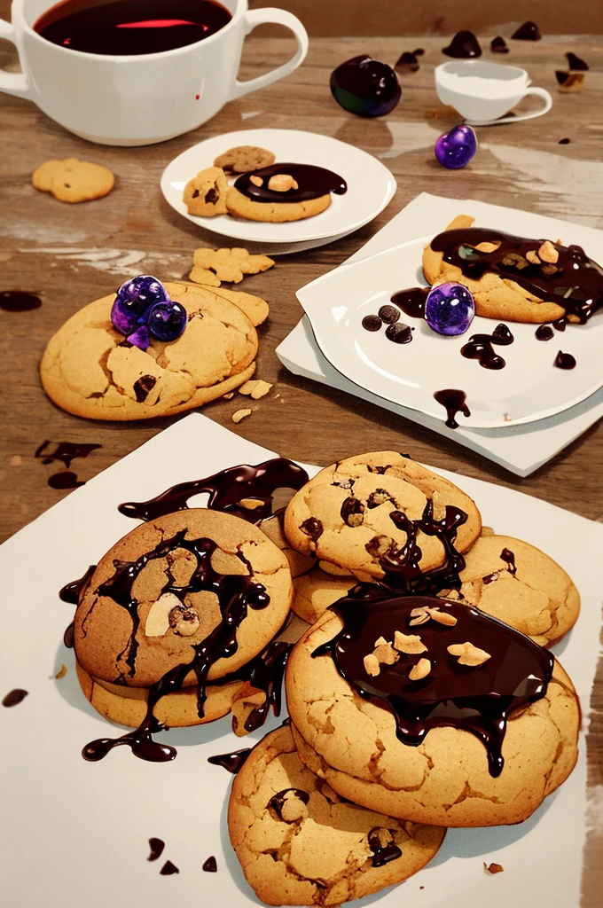 cookie, cookie cookie, chocolate, With grape sauce, chocolate chip cookie with chocolate chips and walnuts, (cookie With grape sauce por cima), realistically, high resolution, 4K, situation (not natural), cookies de chocolate With grape sauce, professional photos, The best photographer in the world, level, Optical zoom, cookieเช่นน้ำองุ่น, cookieกับน้ำเชื่อมสีม่วง, cookieกับน้ำเชื่อมองุ่น