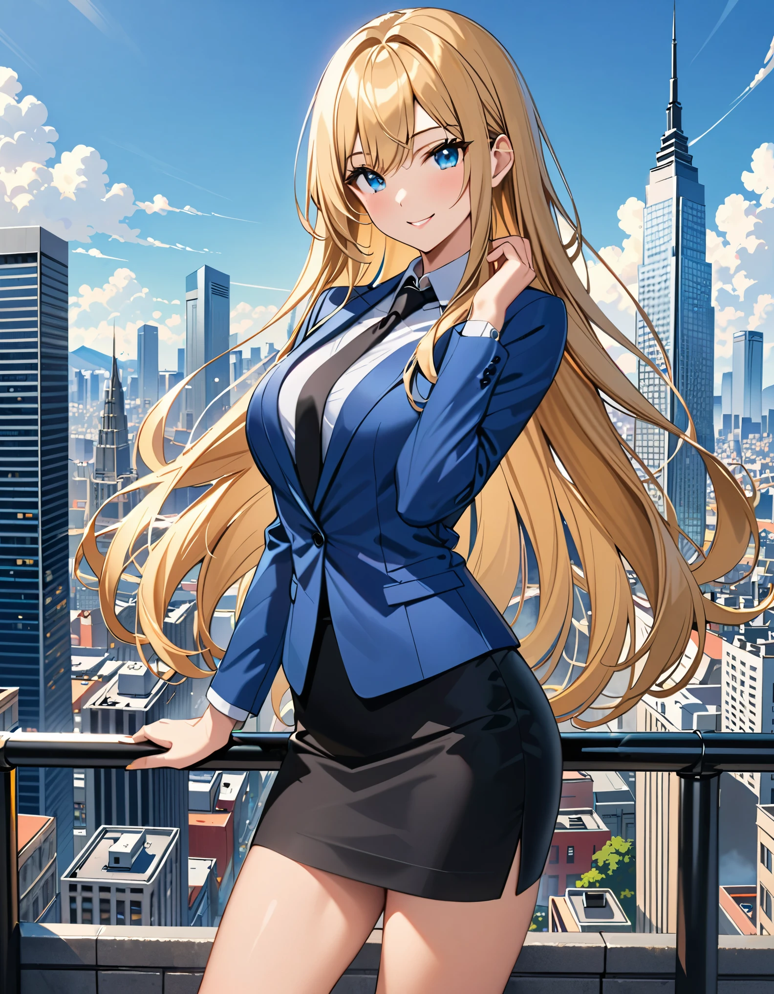 (masterpiece), best quality, highres, 1girl, solo, blue suit and black tie, black pencil skirt, miniskirt, bare legs, matching black shoes, looking at viewer, city backdrop, perfect hands, perfect eyes, perfect legs, perfect arms, perfect fingers, medium breasts, standing, blonde hair, long hair, blue eyes, standing, perfect hands, complete fingers, perfect anatomy, perfect proportions, smile, flirty, full body with costume, :d