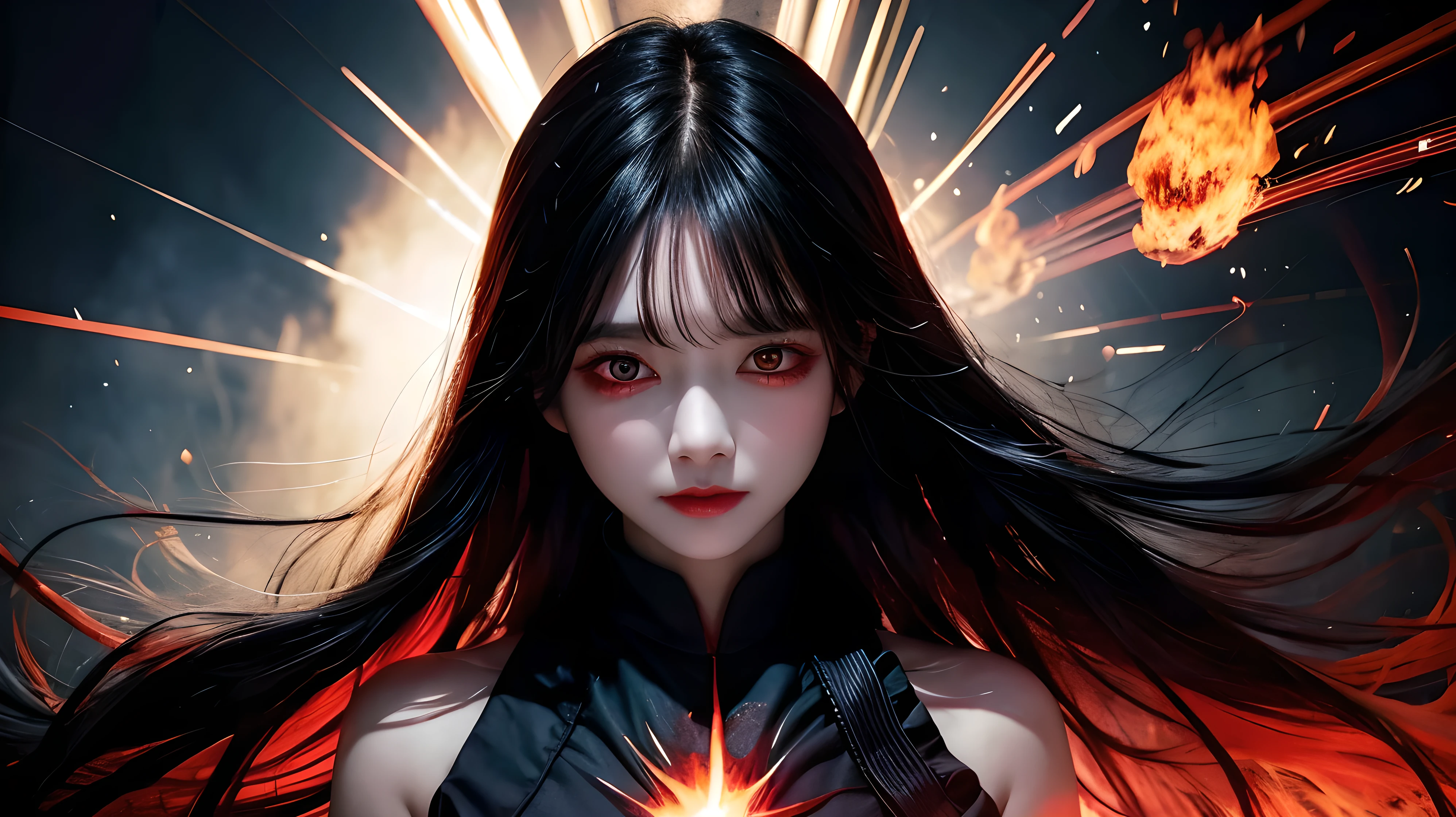 1girl, black hair, red eyes, fire witch, blood, light particles, light rays, wallpaper, high contrast, colorful,