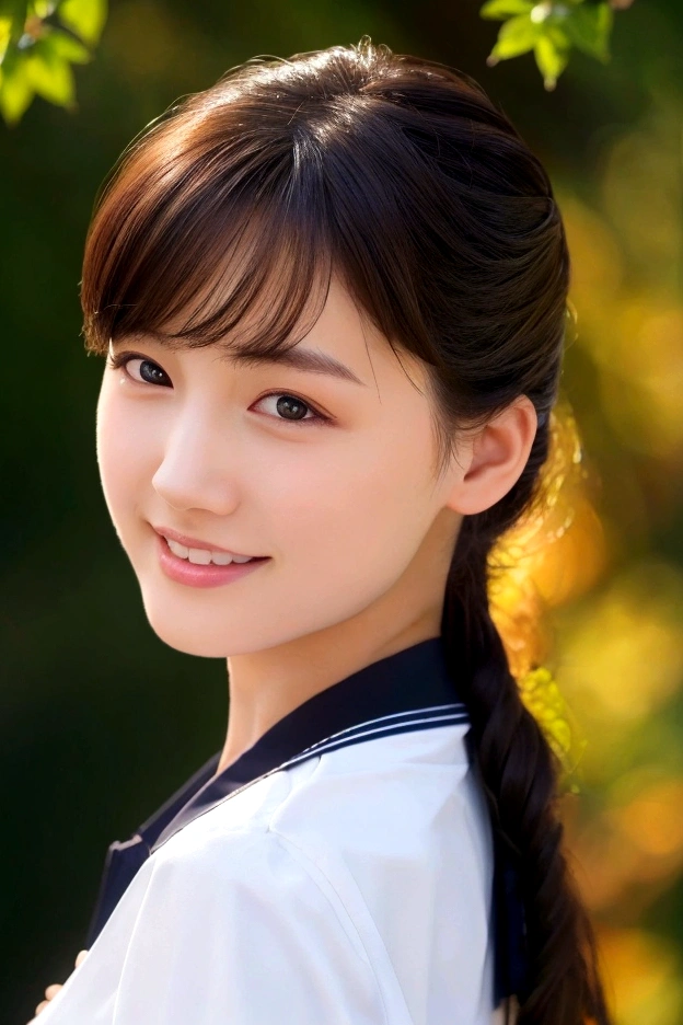 Upper body, Forest, beautiful Asian girl photos, cool feelingadvanced photos, western beauty, black High ponytail with a pinch of bluered suspender sleeveless vest, smile face,Jean jacket, white lace line around the neck, artistSargent's color, realistic facial features, beautiful lights, extremely beautiful facialdetails and delicate eyes, clear and three-dimensional facial features, 32K --ar 9:16 --niji 5