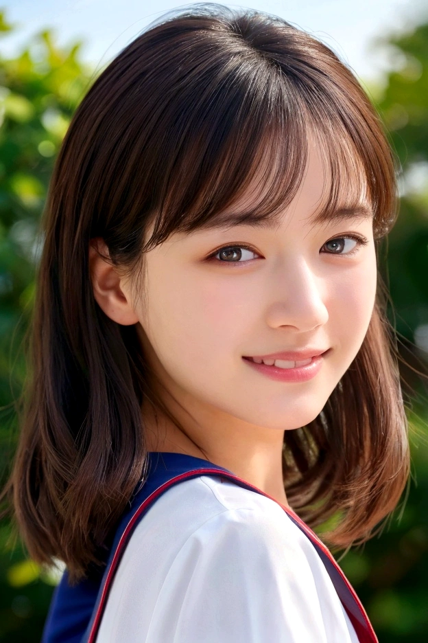 Top quality, 1 beautiful woman, Sunlight, ((masterpiece, Highest quality, High resolution)), (look back:1.3), 1 girl, smile, (Realistic: 1.4), Great face, , Medium Hair, (Beautiful Hair:1.5), Sailor suit, The background is a school building, Side angle, (Close-up of face:1.3), Smooth, Highly detailed CG composite 8K wallpaper, High resolution RAW color photos, Professional photography, Light, BackLight, dream-like, impressive, Written boundary depth