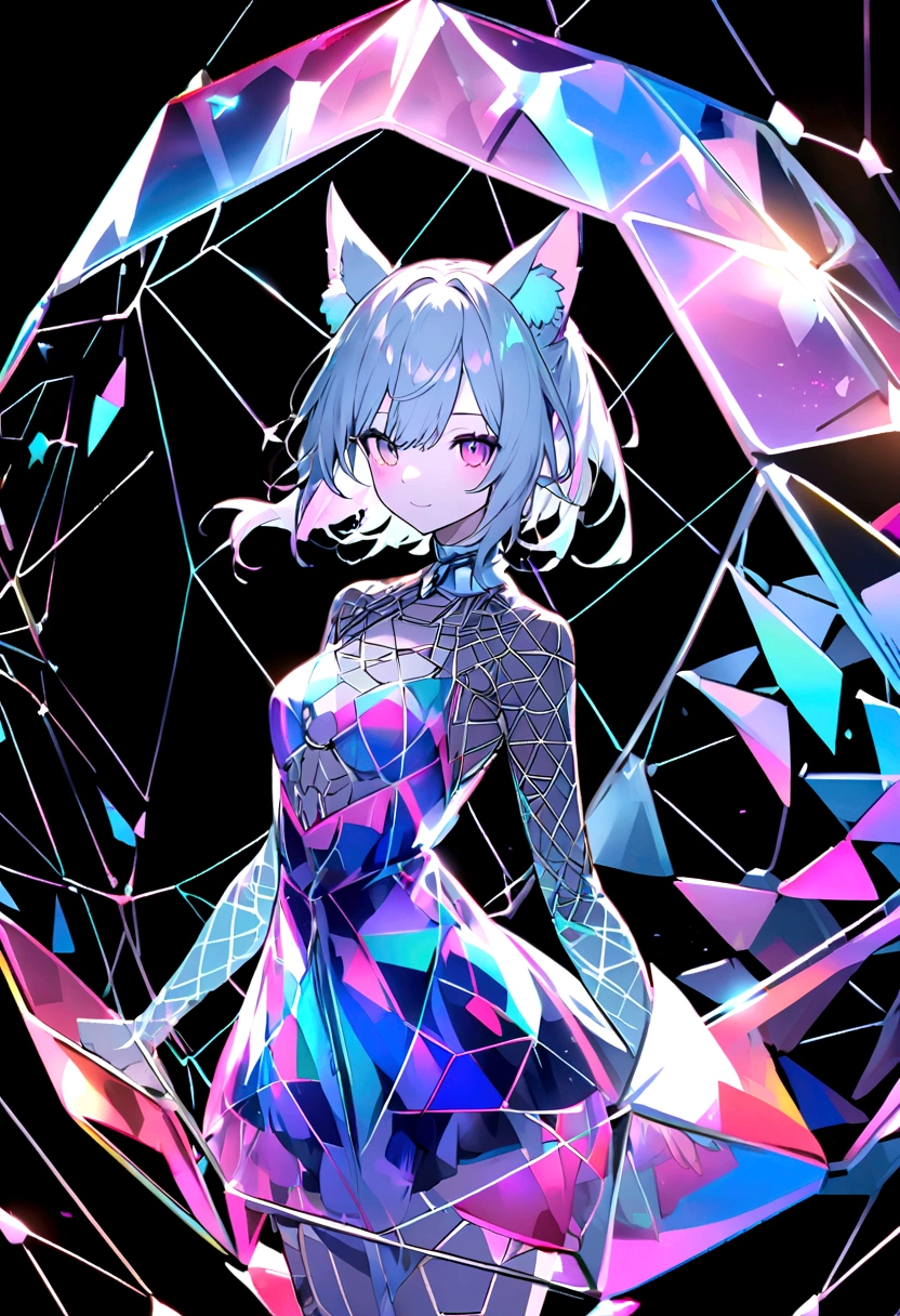 virtual glowing translucent holographic wireframe of a web of polygons making up a catgirl, black background, beach background
