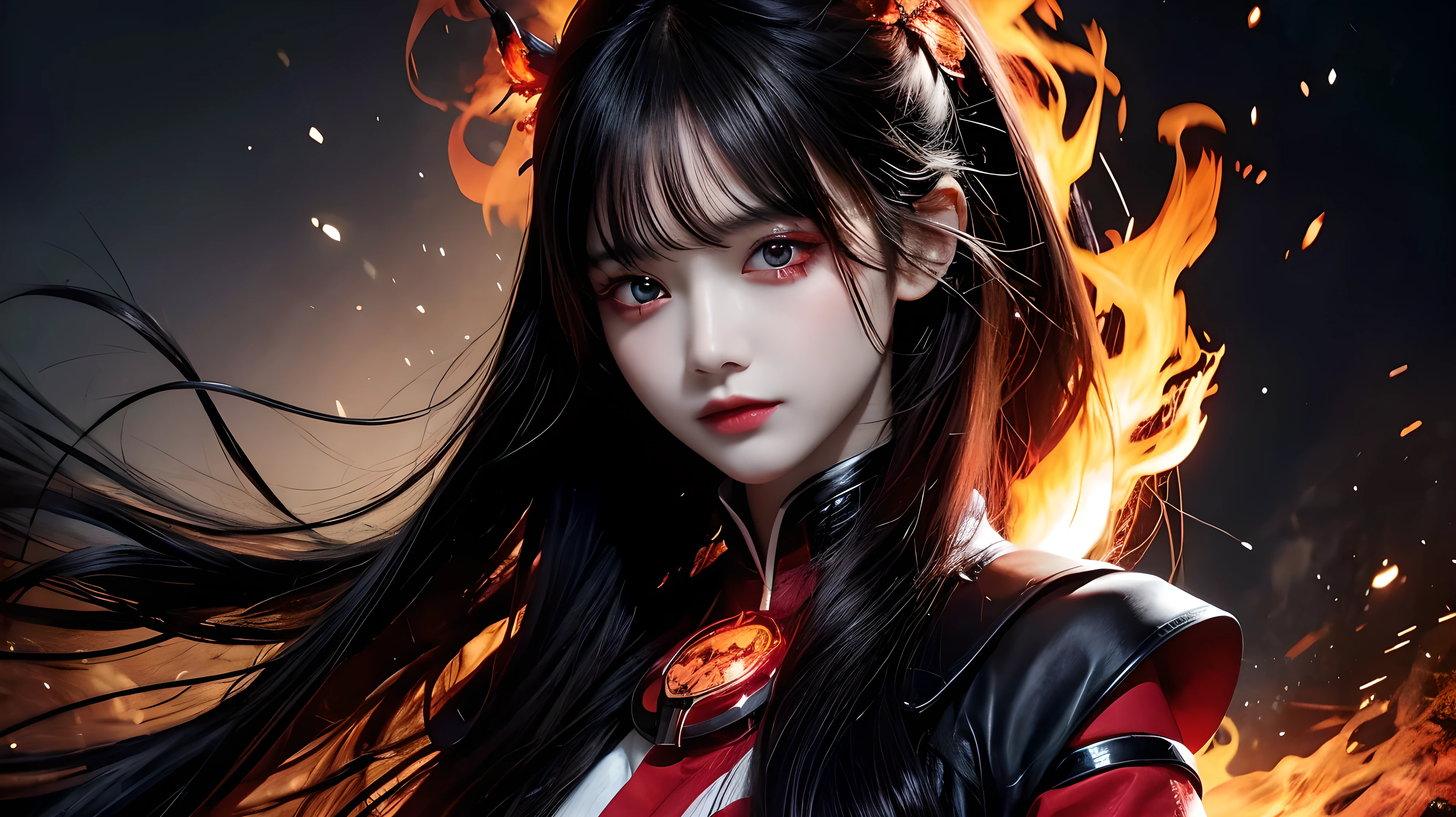 1girl, black hair, red eyes, fire witch, blood, light particles, light rays, wallpaper, high contrast, colorful,