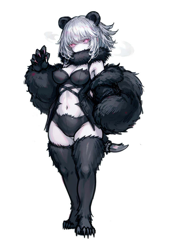 1girl ,white hair, pale fur beast ,black beautiful clothes, (high resolution, high detail, best quality),blank background, alone, median breast, weapon, bear, pink eyes, claw